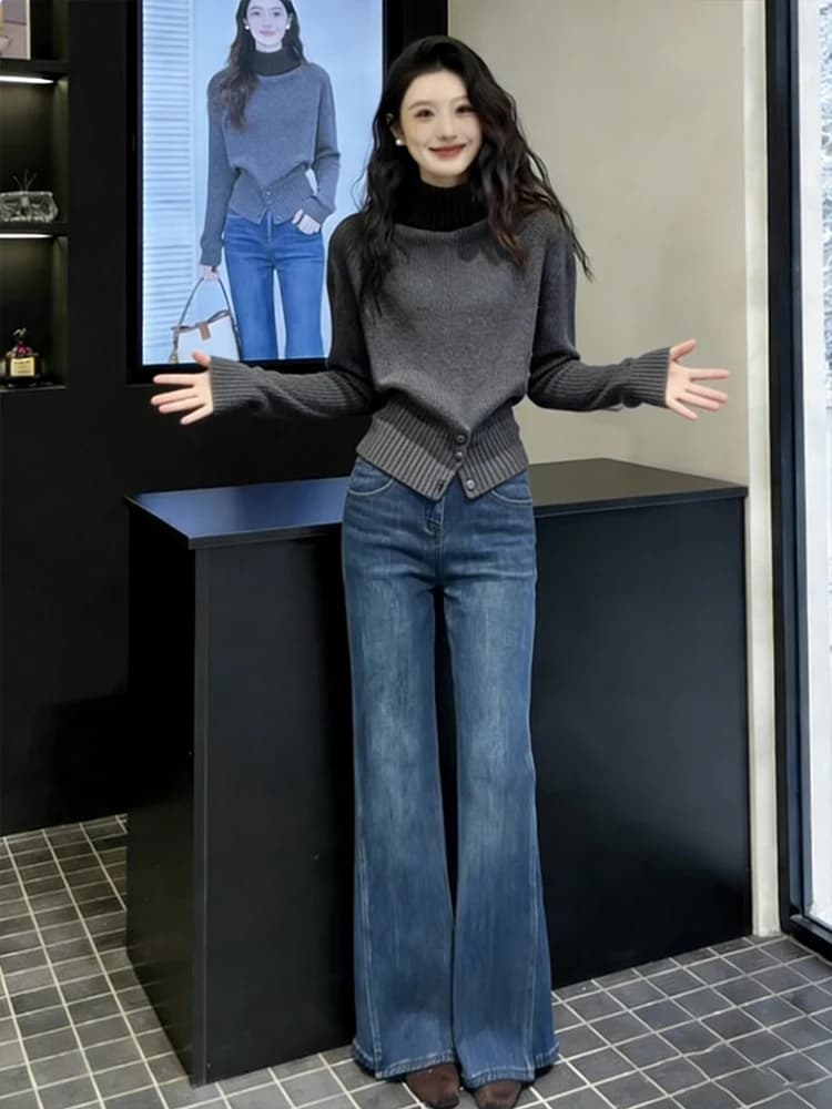 Stylish Anti-Aging High Collar Knitted Sweater And Jeans Women's Set 2026 Spring New Slimming Versatile Two-Piece Suit