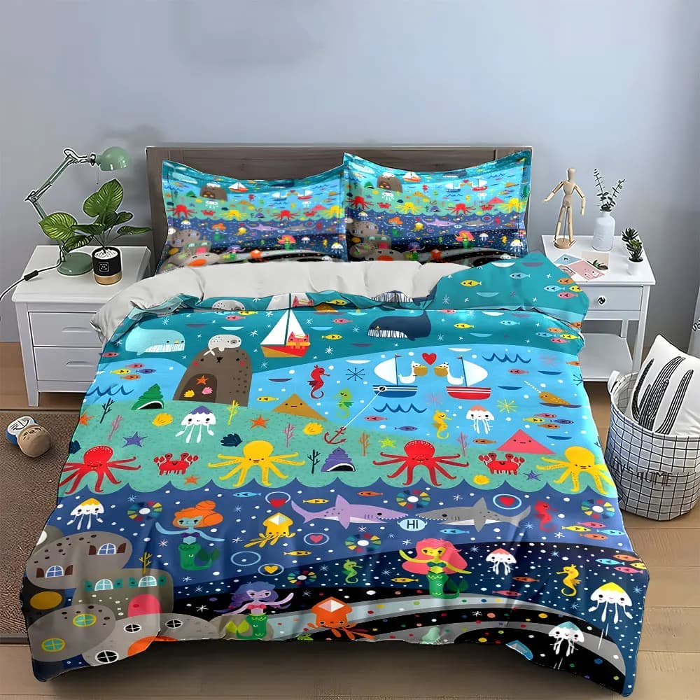 Set di biancheria da letto colorato a tema marino con 1 copripiumino e 2 federe, singolo, matrimoniale, king, queen, regalo