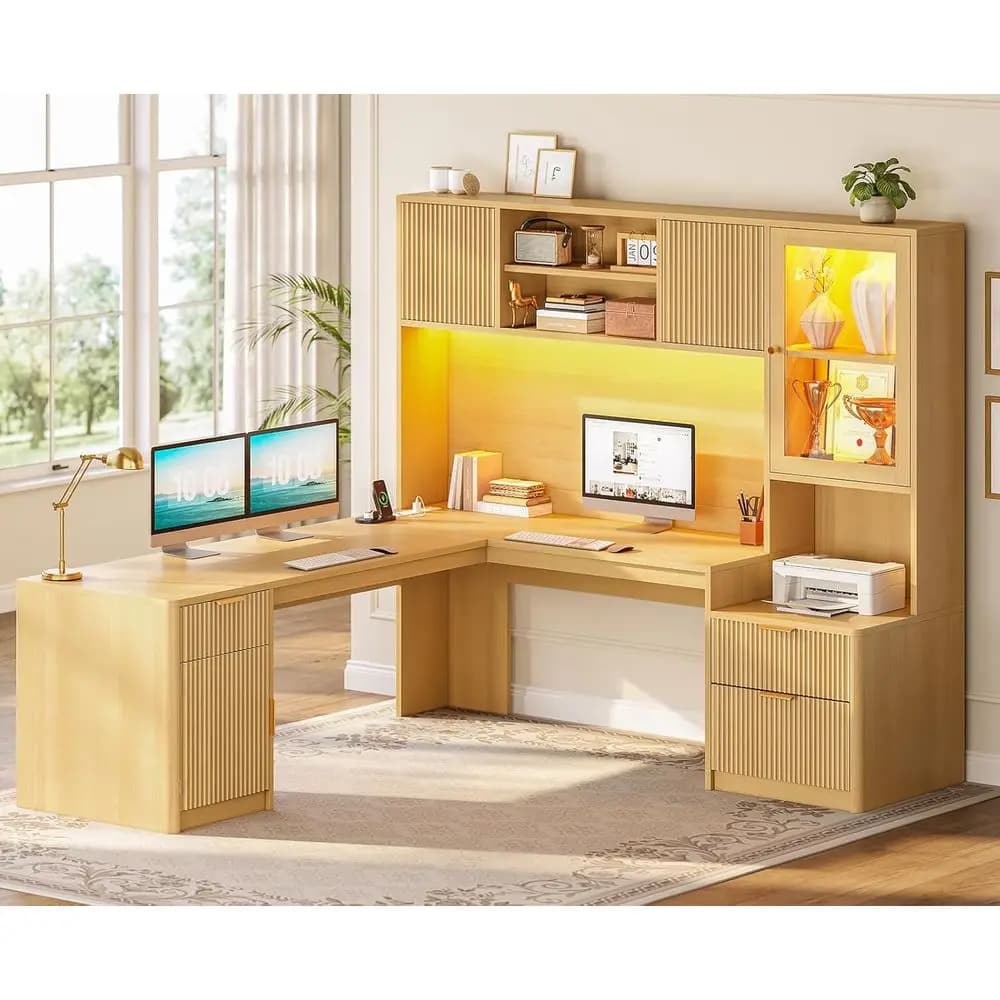 67 x 65 L-Shaped Desk with RGB LED, Power Outlets, Storage, and Glass Cabinet for Home Office or Gaming in Oak Finish