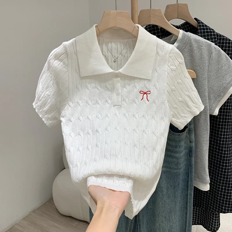 Maglioni in maglia da donna, pullover bianco a maniche corte con colletto a risvolto, maglione in maglia da donna, top e maglioni Q2809
