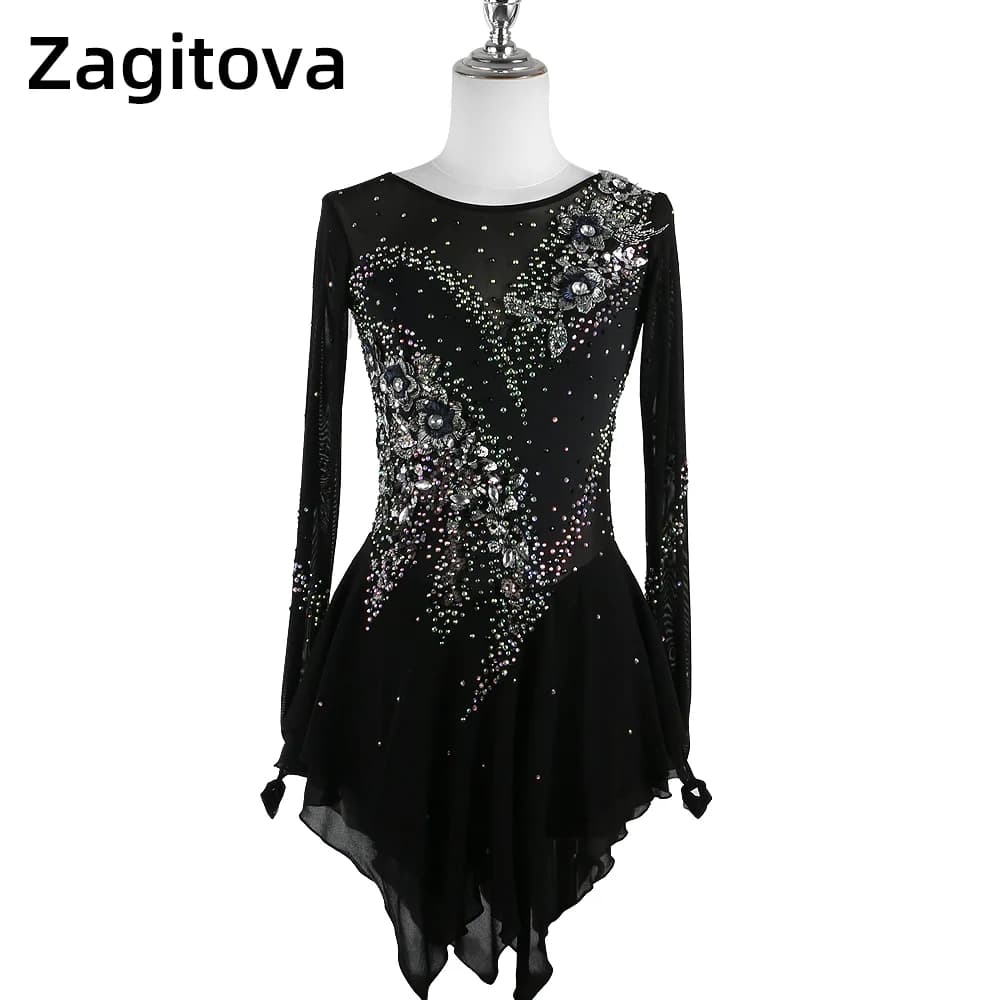 Zagitova Abito da pattinaggio di figura Donna Ragazza Gonna da pattinaggio su ghiaccio Concorso per prestazioni Costume con gonna in rete nera