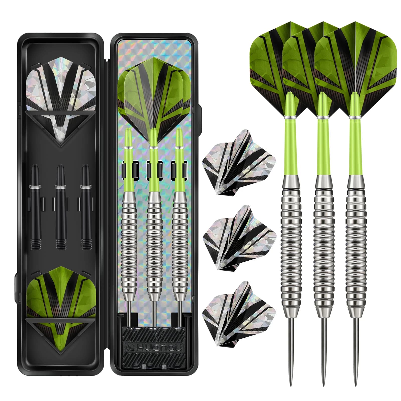 HUANQU 3Pcs 19g Iron Steel Tip Darts Set, 155mm Professional Darts with Spare Flights, Shafts & Carry Case for Dartboard