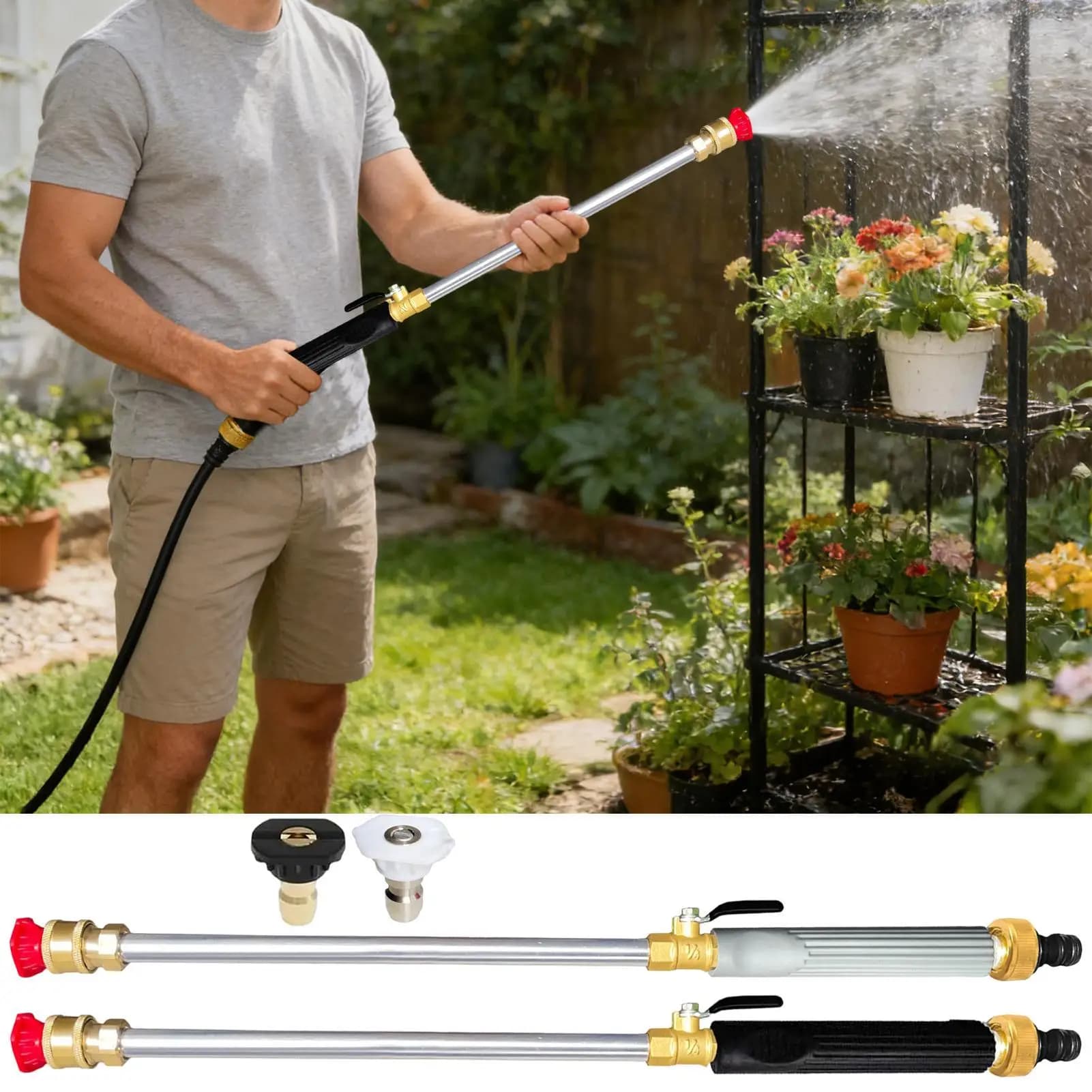 Idropulitrice per tubo flessibile, strumento di irrigazione regolabile, lancia per lavaggio a pressione per tubo da giardino con connettore rapido e 3 ugelli per prato