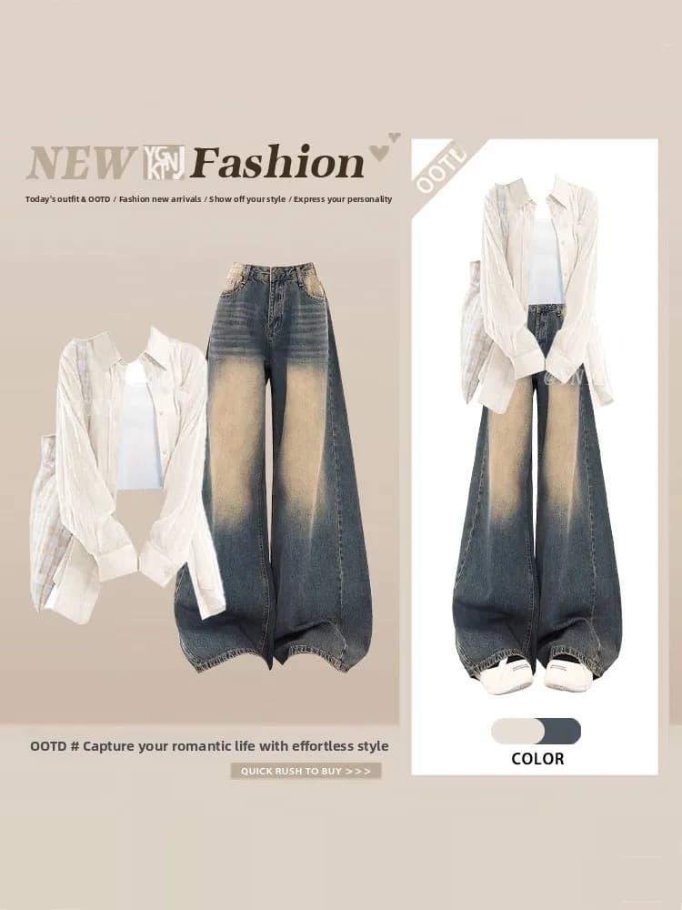 Spring 2026 Women's Fashion Loose Fit Long Sleeve Thin Denim Shirt And Wide Leg Jeans Two Piece Set High Waist Pear Shape