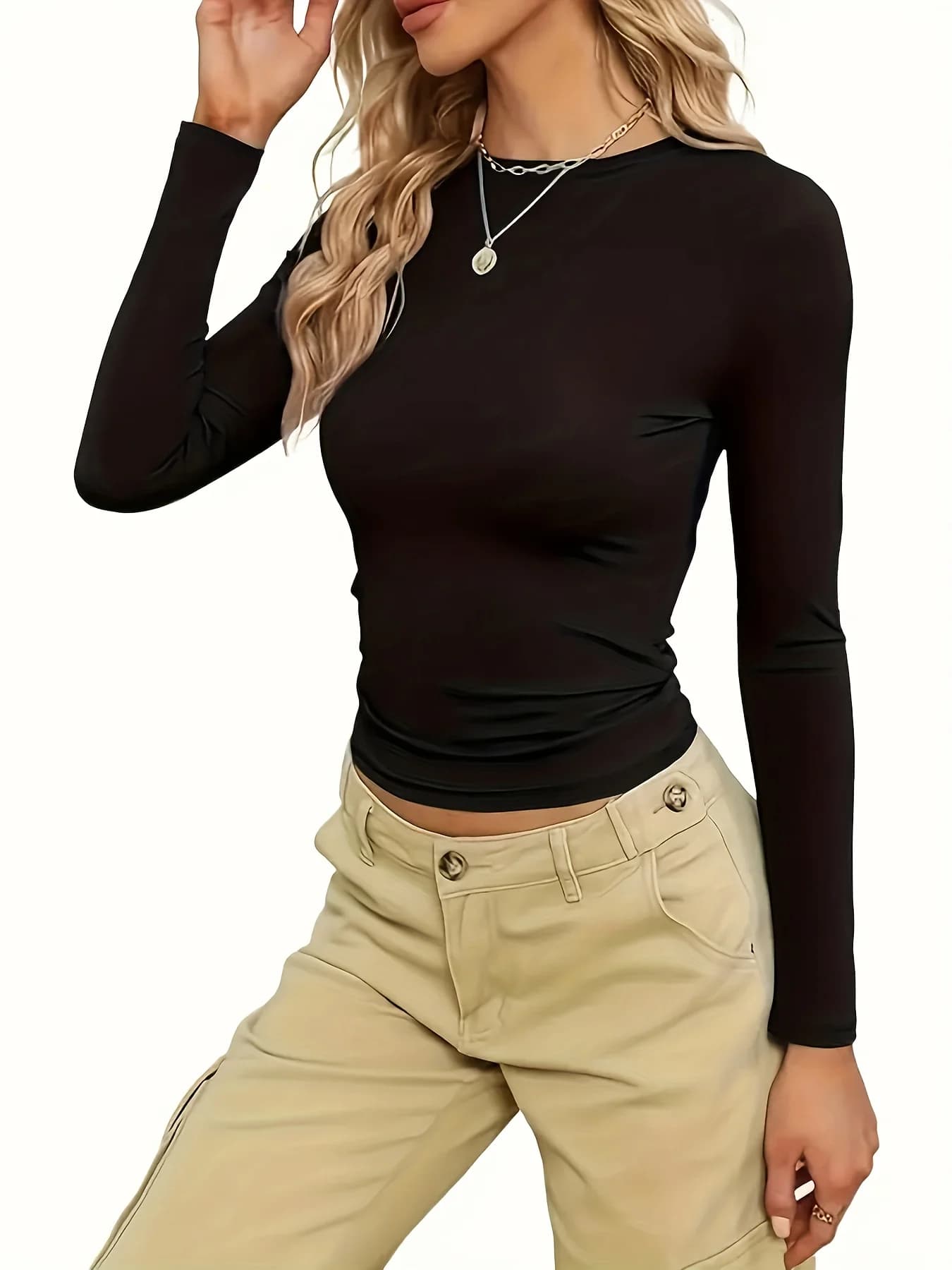 T-shirt femminile casual da pendolare femminile semplice e alla moda in tinta unita con maniche lunghe
