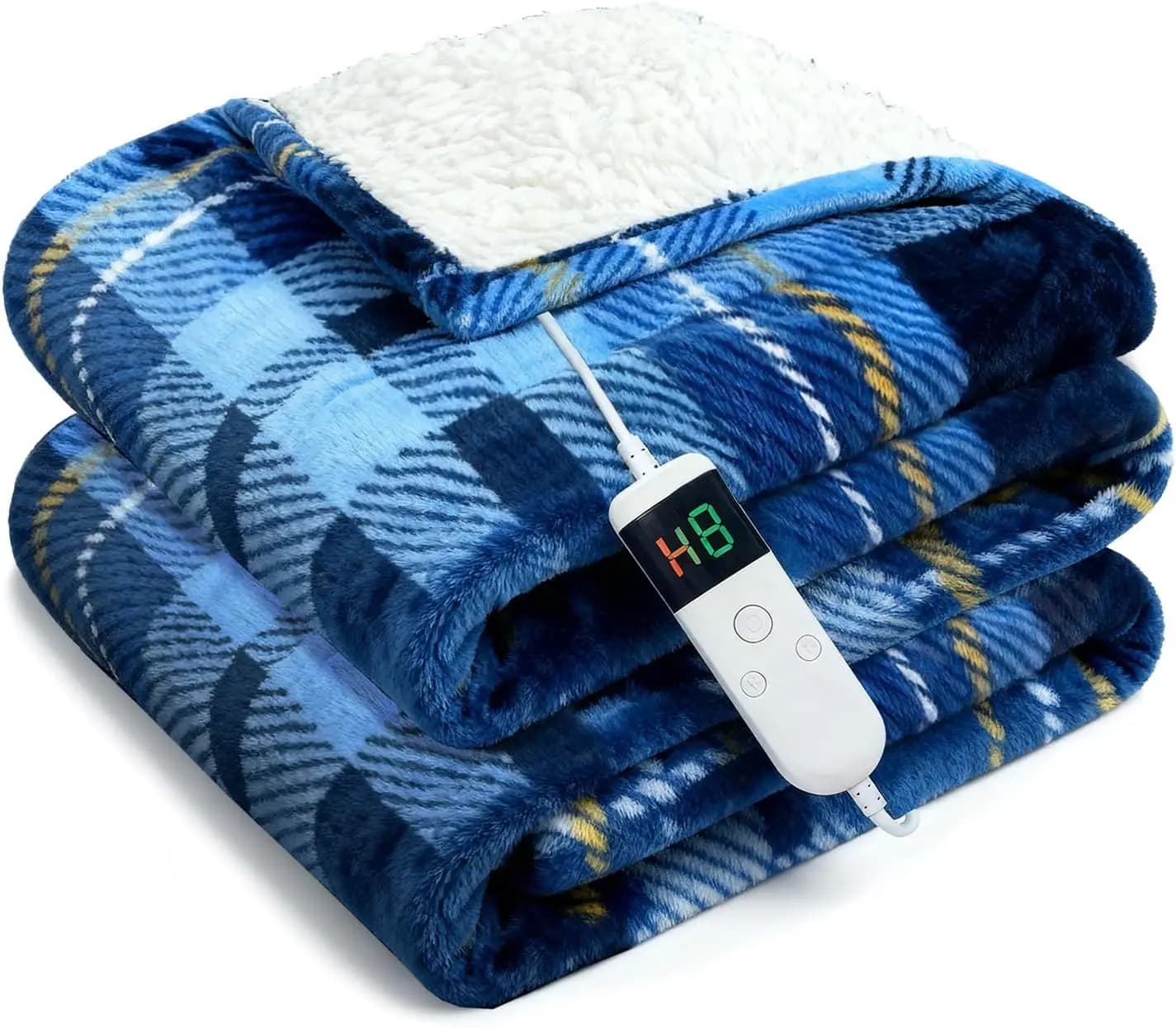 Coperta Elettrica Riscaldata, Morbida Flanella a Quadri 50x60 Pollici con Spegnimento Automatico e 10 Livelli di Calore, Lavabile in Lavatrice, in Sherpa