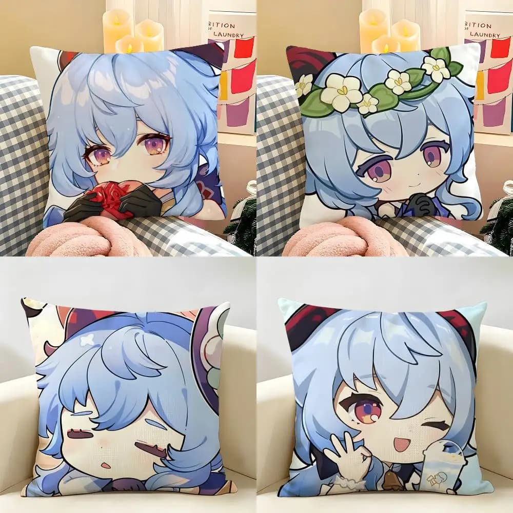 Fodera per cuscino Ganyu Cute Genshin Game in lino naturale, tessuto organico, stampa fronte-retro, decorazione per divano e camera da letto