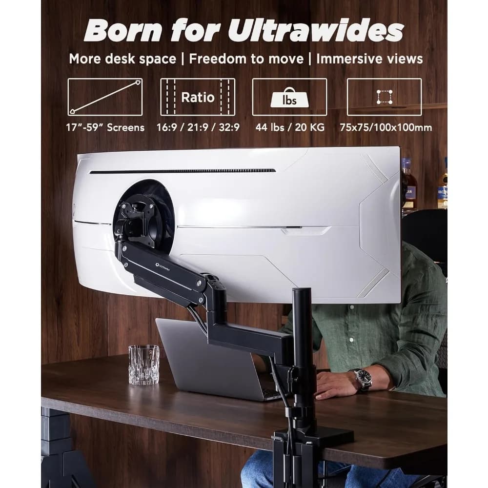 Heavy duty monitor arm for ultra wide monitors up to 57" and 44 pounds, single desk support, adjustable pneumatic height