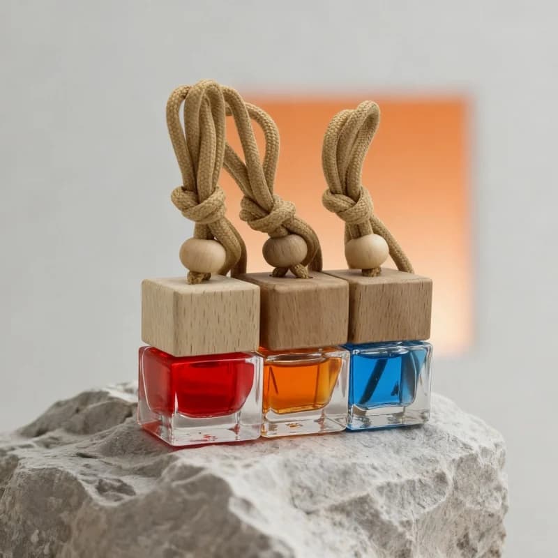Car Air Freshener Hanging Diffuser 3 5pcs Square Glass Bottle Wooden Cap Auto Perfume Aromatherapy Interior Fragrance Gift Set