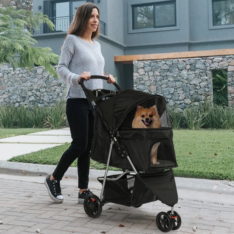 Passeggino Pieghevole a 3 Ruote in Tessuto Nero per Gatti e Cani con Portabicchiere Integrato - Offerta Speciale