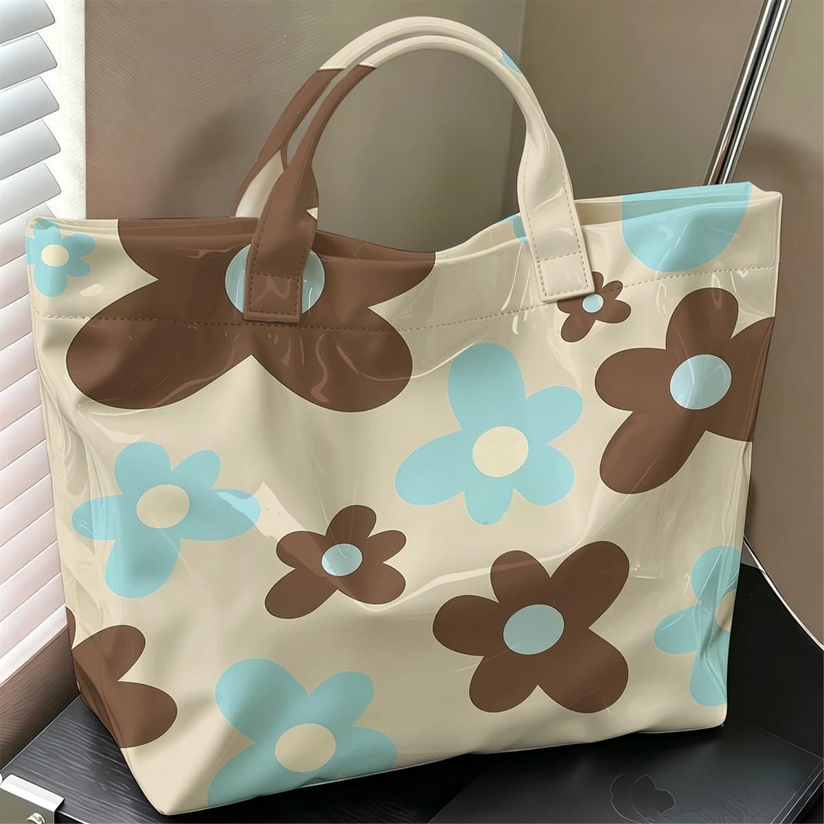 Brown Floral Fashion Large Glossy PVC Tote Bag Hand Washable Waterproof Perfect Travel Commute Cosmetic Storage Shopper