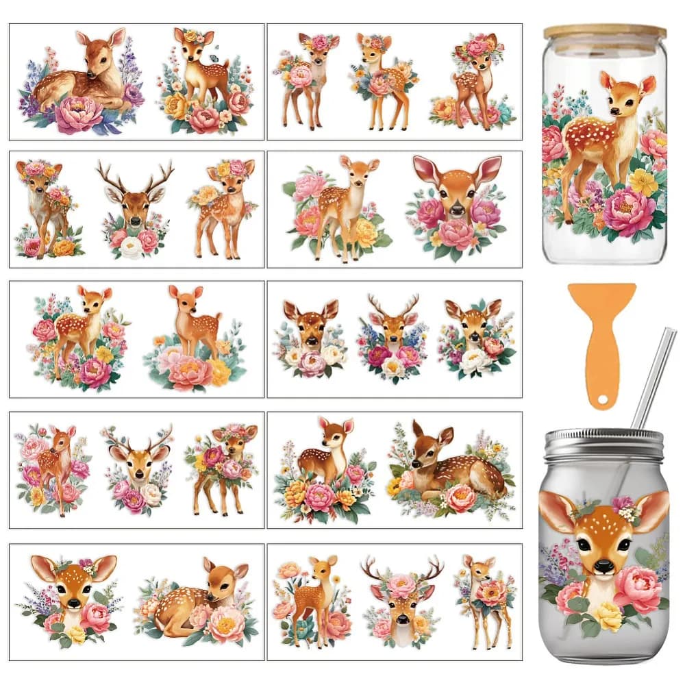 10Pcs 10 Styles PVC DIY Heat Transfer Paper for UV Sublimation Cup Deer 240x110mm 1pc/style