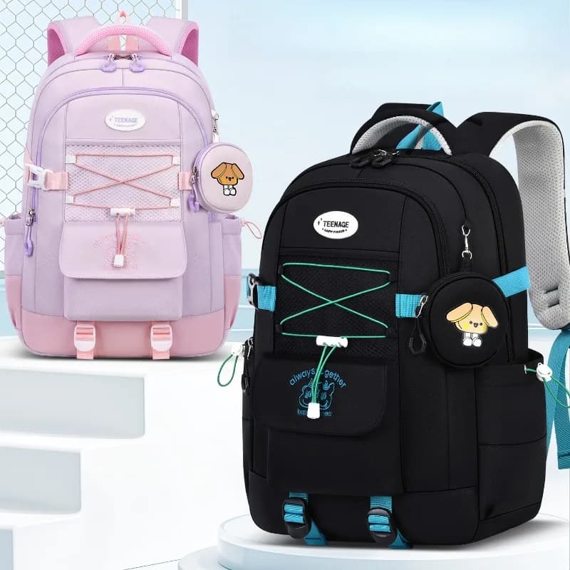 1pcs Polyester Large Backpack Elastic Drawstring Front Pocket Side Water Bottle Pockets Retro Contrast Color Student Daily Bag