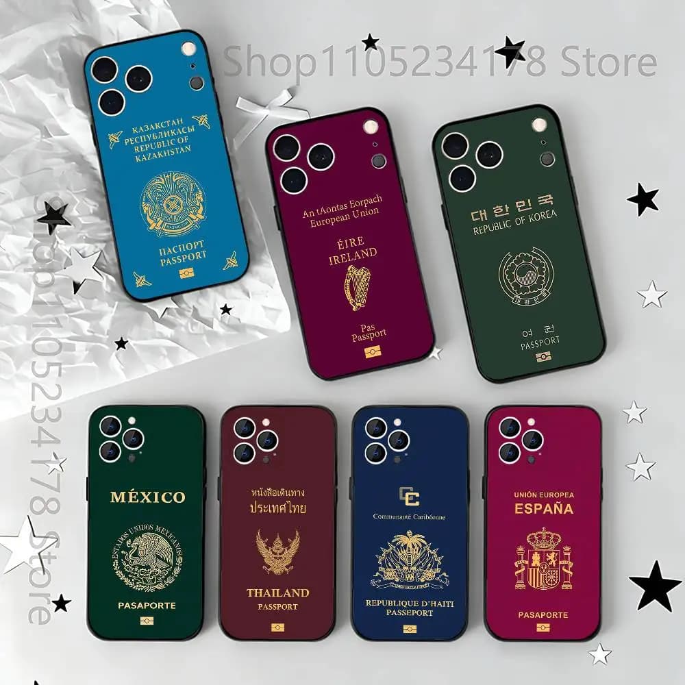Espana Mexico Corea Custodia per passaporto in silicone morbido per iPhone 16,17,15,11,13,12,14,Mini,Pro,Max,Plus,Air,E Nero