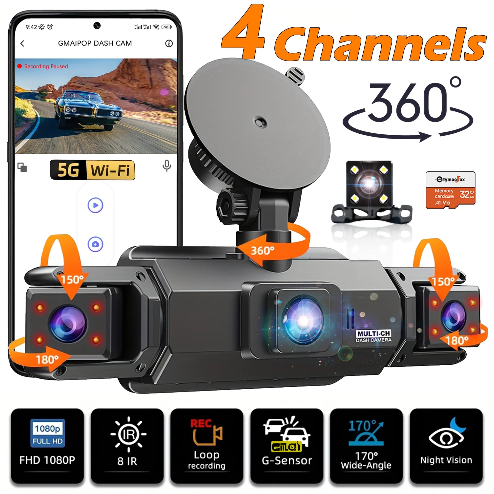 Telecamera da cruscotto per auto 4 canali 360 ° Videoregistratore WIFI Telecamera di registrazione DVR per auto 1080P Anteriore sinistro destro posteriore Scatola nera 24 ore di parcheggio Ricambi auto