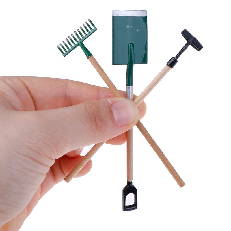 3Pcs 1:12 Dollhouse Miniatures Gardening Shovel Rake Hoes Farm Tool Doll Decor Fairy Garden Accessories Furniture Toys