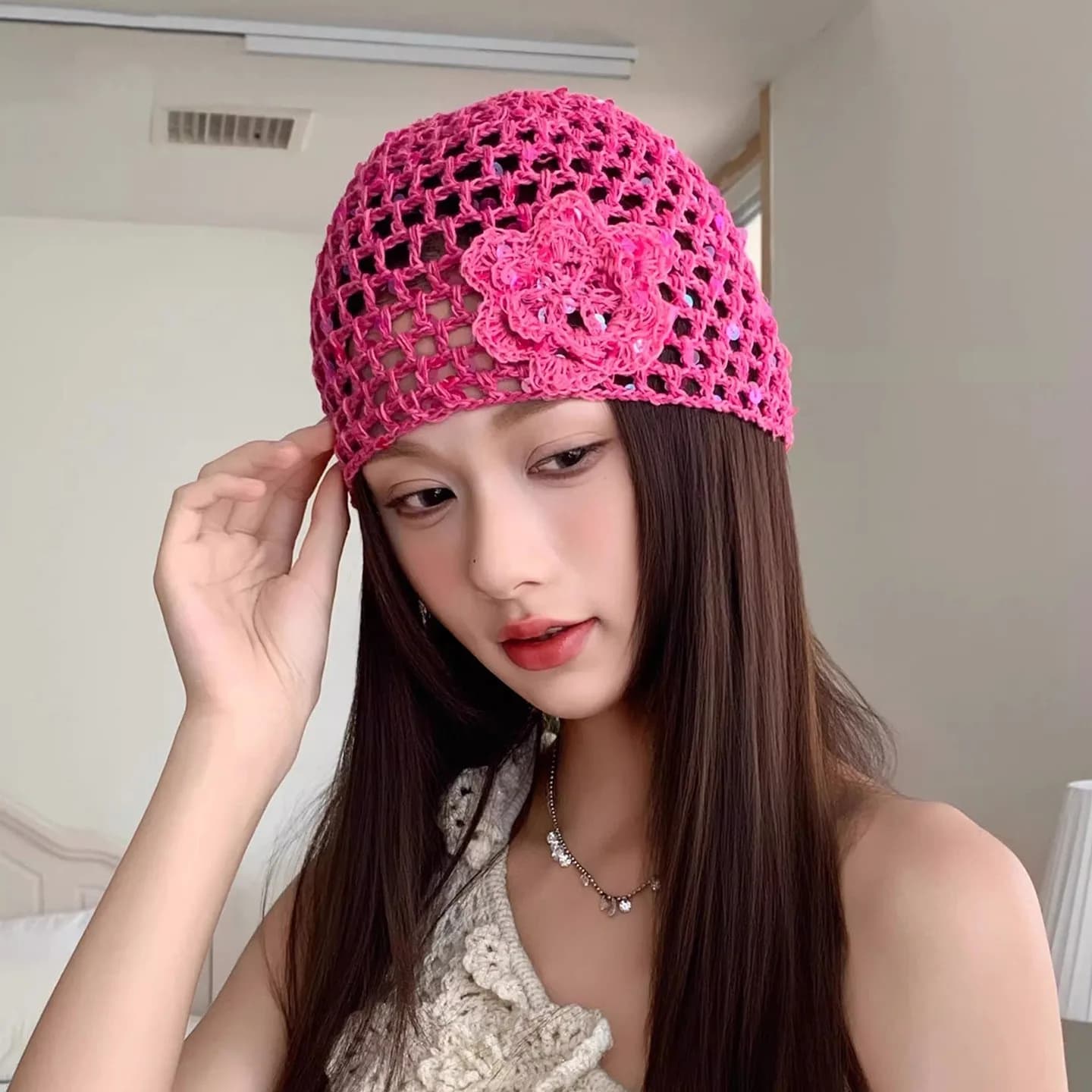 Nuovo Cappello Lavorato a Maglia Y2K, Berretto da Donna alla Moda Coreana con Fiori e Paillettes, Cappello Estivo all'Uncinetto, Berretto per Festival Musicali