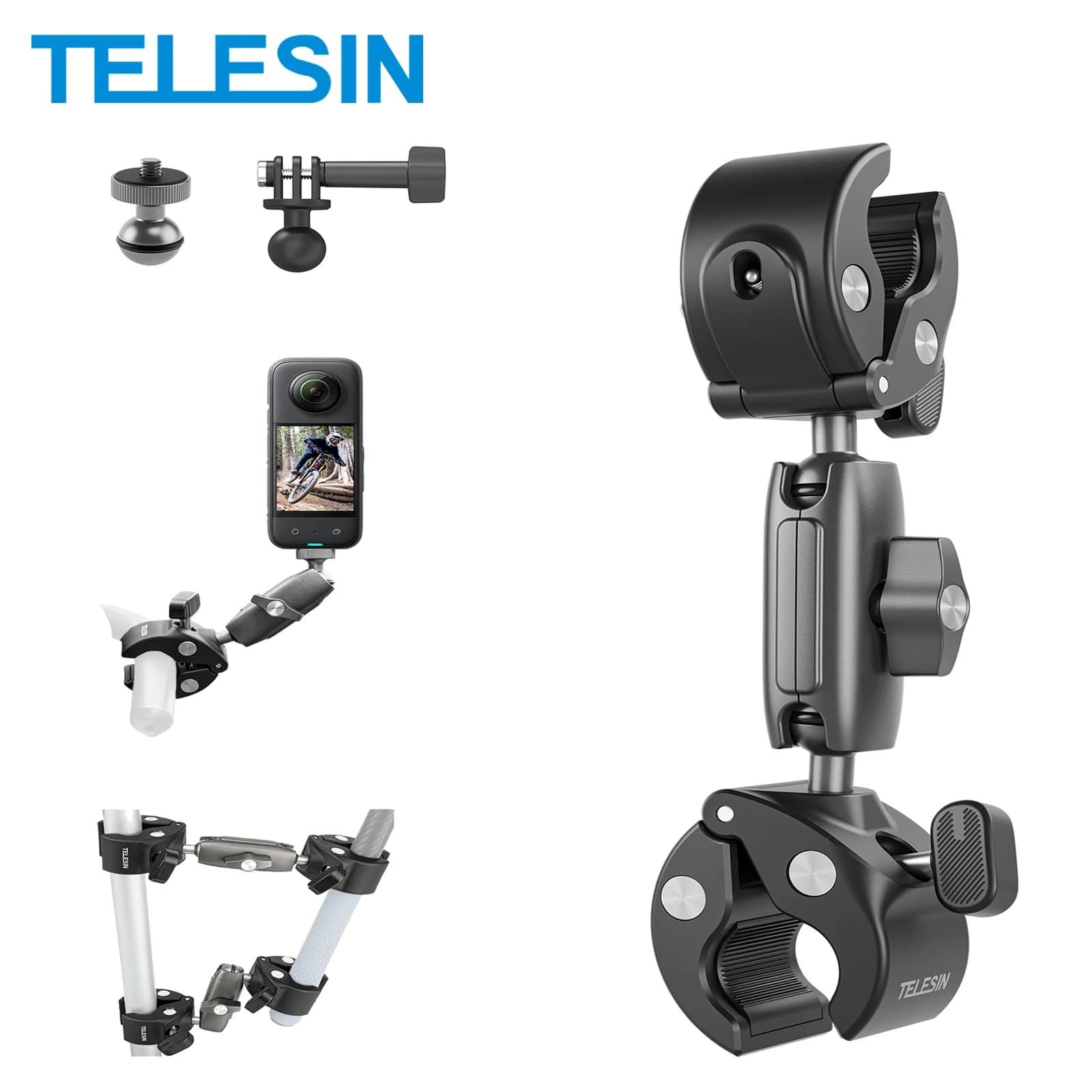 TELESIN Supporto per fotocamera per bicicletta per moto Supporto per selfie stick invisibile per Insta360 RS X2 X3 GoPro 12 11 10 Accessorio