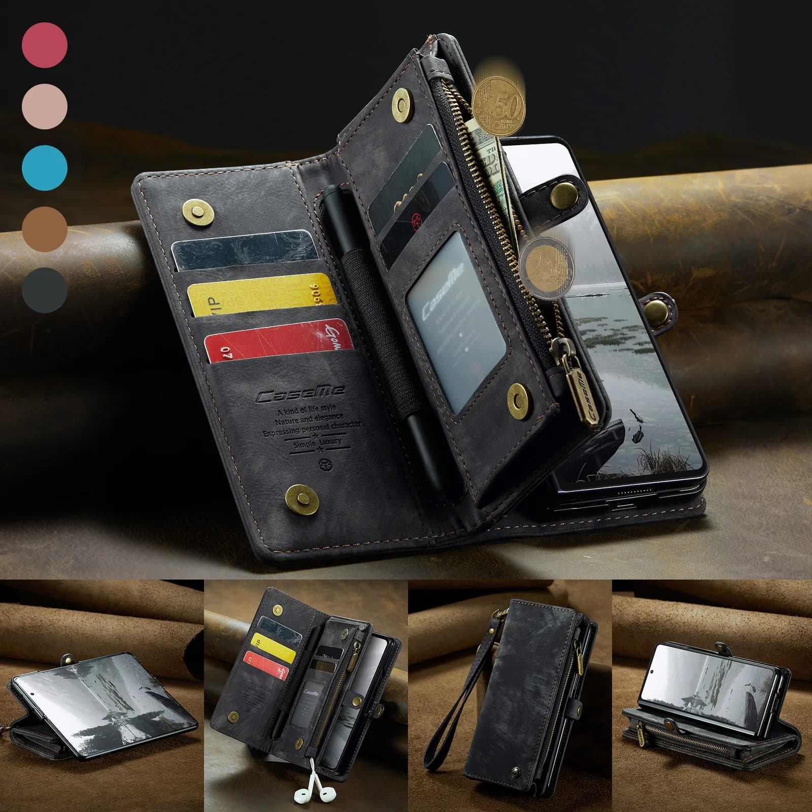 Custodia per Samsung Z Fold 7 6 5 Porta carte di credito Cinturino con cerniera Flip in pelle PU con cover per blocco penna