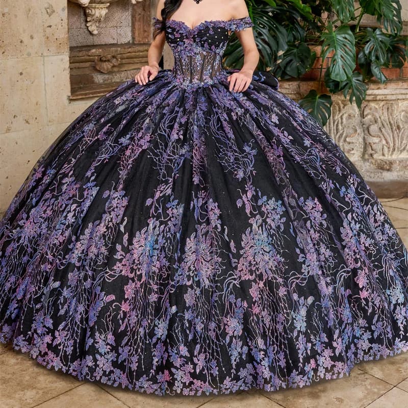 Abito Quinceanera nero lucido con spalle scoperte principessa paillettes Applique perline di pizzo fiocco di cristallo Tull dolce 16 gilet festa di compleanno