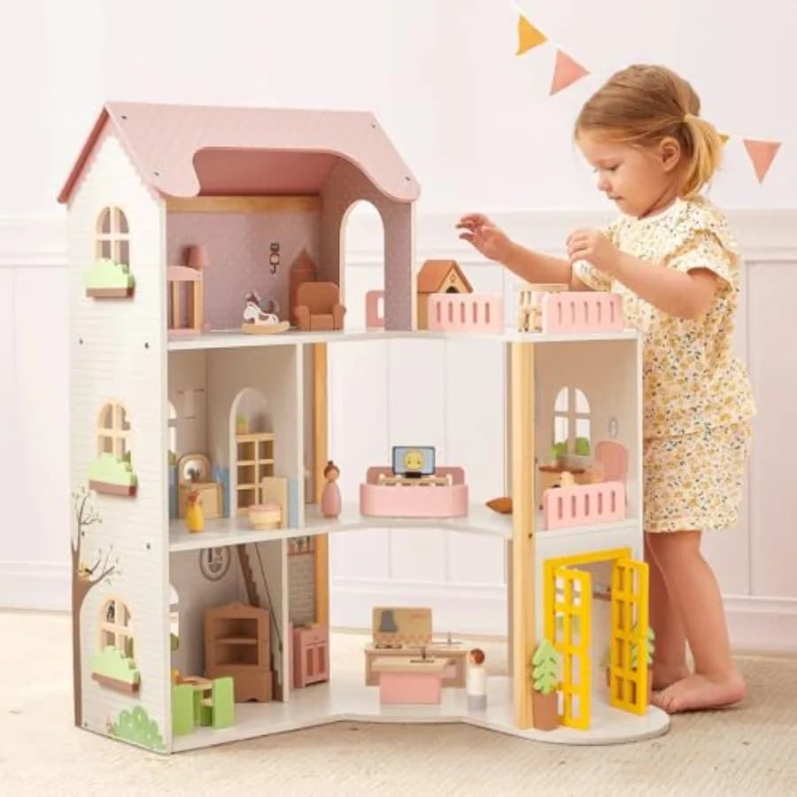 Casa delle Bambole in Legno con 60 Pezzi di Mobili e Accessori di Lusso, Inclusi 4 Bambole e 2 Animali Domestici, Grande Casa delle Bambole a 3 Piani con 6 Stanze