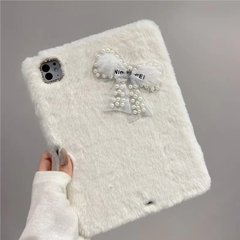 Kawaii Plush Furry Bow Pearl Fluffy Tablet Case for iPad 7 8th 9th 10.2in Air3 10.5in Air4 5 10.9in 10th Gen Anti-Scratch Cover