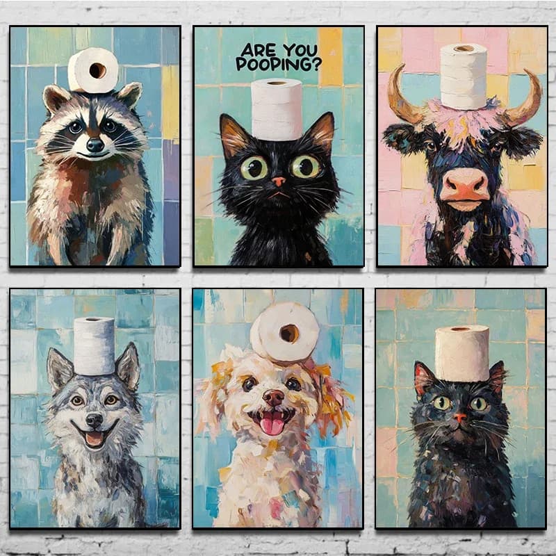 1pc frameless Toilet Paper Animal Poster Prints Are You Pooping Cat Dog Canvas Painting Wall Art Picture for Home Bathroom Decor