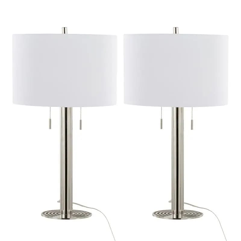 Set di 2 lampade da tavolo contemporanee in metallo da 29 pollici in nichel lucido con paralumi in lino bianco