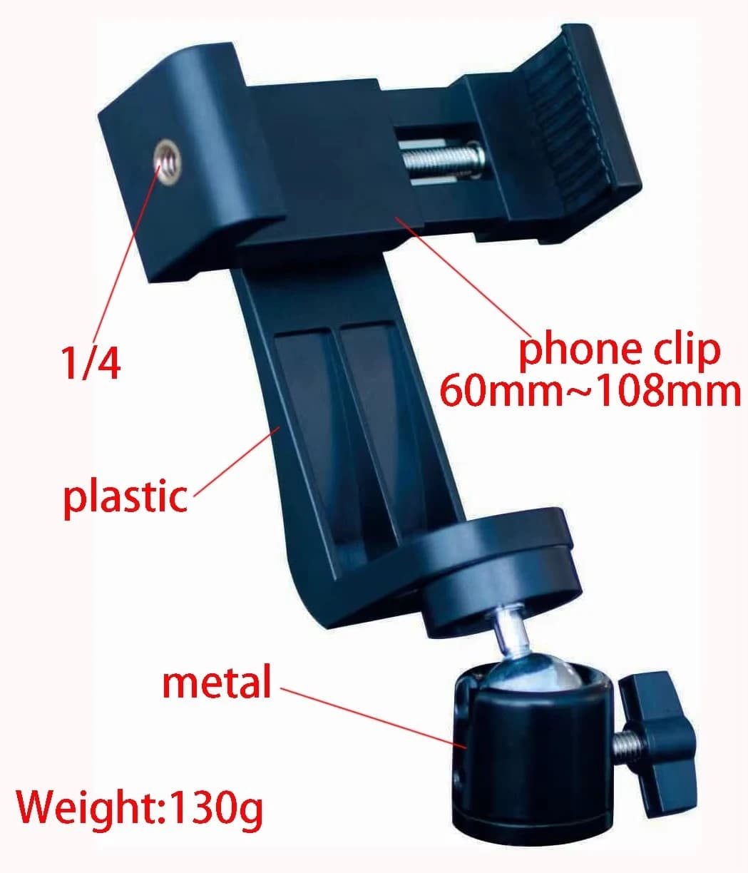 Supporto per treppiede per telefono cellulare: morsetto per clip per telefono cellulare con adattatore per testa a sfera girevole a 360°, testa a sfera con regolazione a vite 1/4 Hot Shoe