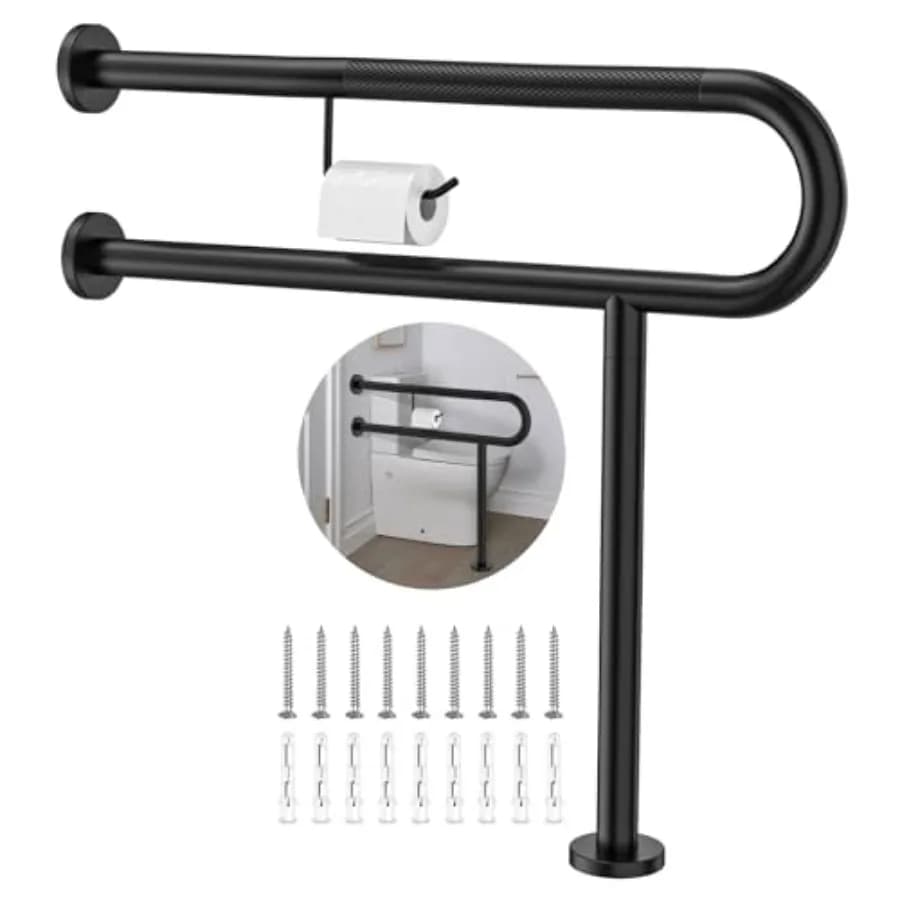 Barra di supporto per WC con porta carta igienica x28, da parete a pavimento, opaca, antiscivolo, per disabili, in acciaio inossidabile, per la sicurezza del bagno