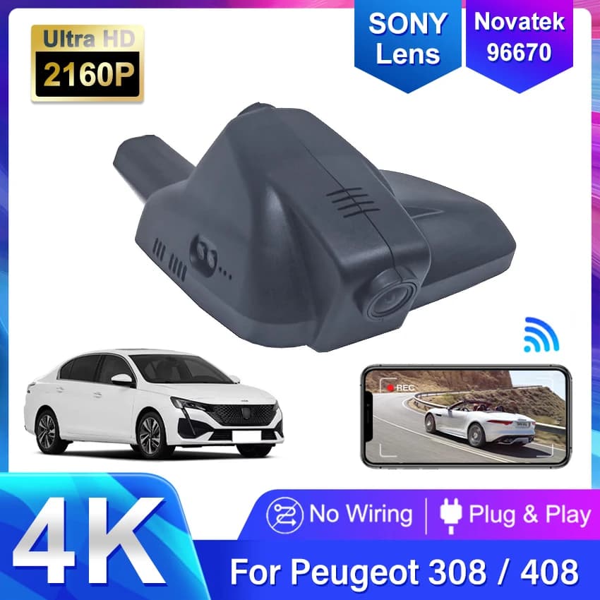 Telecamera Dash Cam 4K Anteriore e Posteriore per Peugeot 408, Registratore per Auto con WIFI, Dispositivi di Registrazione DVR e Accessori