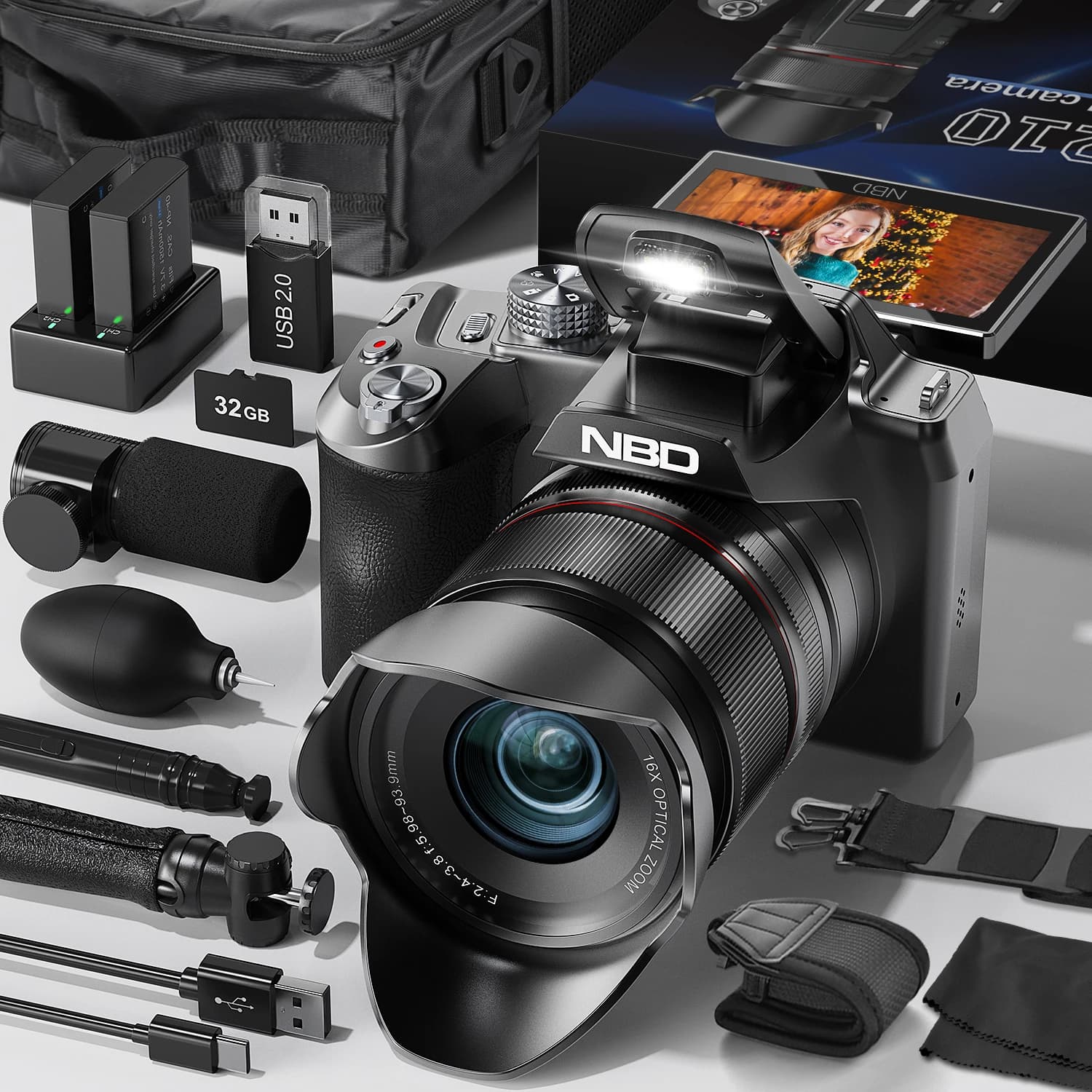 Fotocamere digitali NBD 5K per fotografia, fotocamera con zoom ottico 16X con controllo WiFi e app, fotocamera per vlogging da 64 MP con schermo da 3 pollici