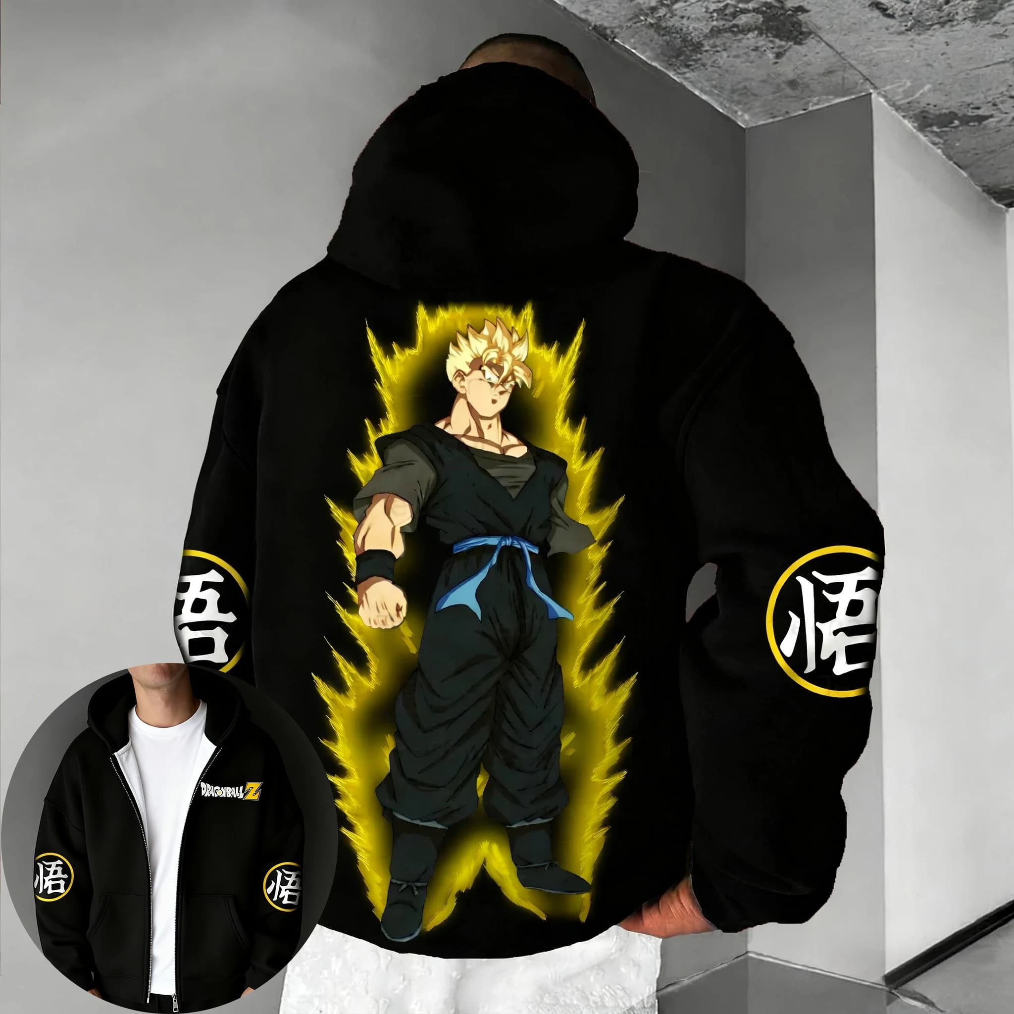 Dragon Ball Y2K Felpa con cappuccio versatile con cerniera da uomo Autunno/Inverno Nuovo Gohan Anime stampato Hip Hop americano Casual maglione allentato Top