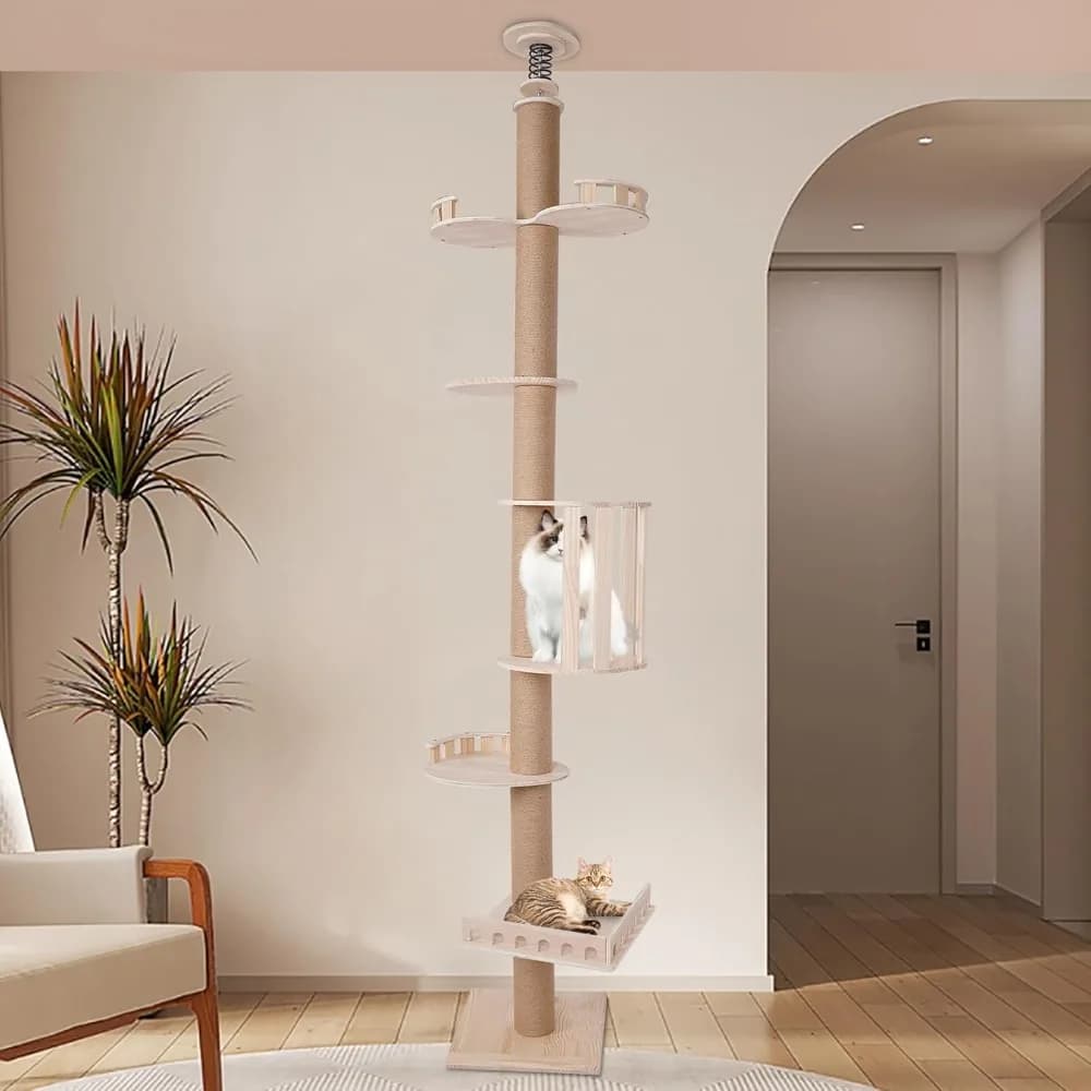 Torre per albero per gatti in legno con corda in sisal naturale, altezza tiragraffi 100,4-104,3 pollici per gattini e gatti di grandi dimensioni
