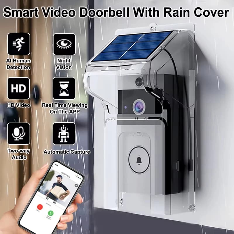 Wireless Video Doorbell Solar Cover Camera WiFi Smart Peephole Intercom Waterproof Outdoor with Solar Charging for Home