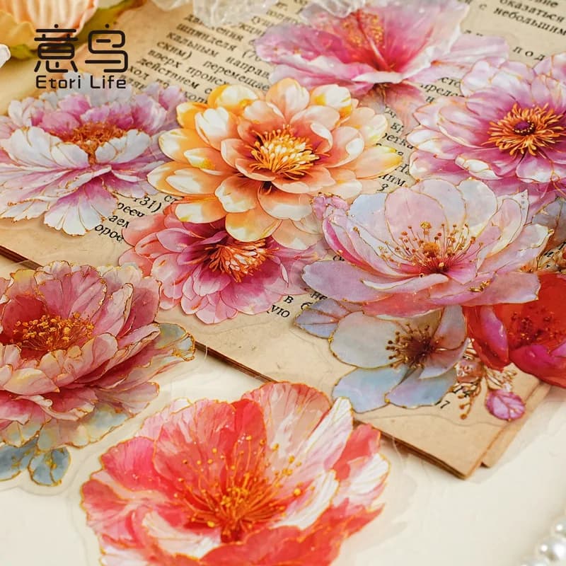 20 - Sheet Set of Vivid Flower - Themed Stickers, Bright Colors and Exquisite Patterns for Scrapbooking