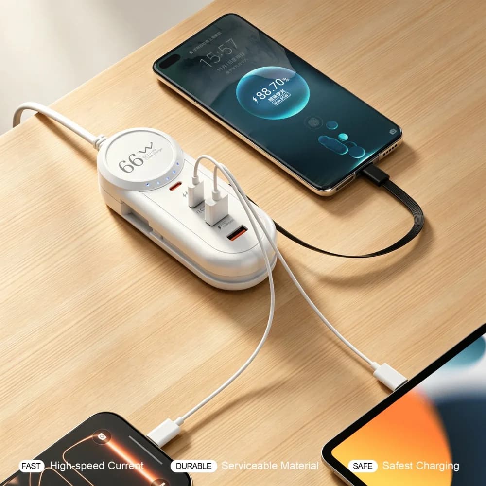 66W PD USB Charger Multi Ports Mobile Phone Fast Charging Wall Charger USB Hub Adapter EU US UK Plug with Extension Type C Cable