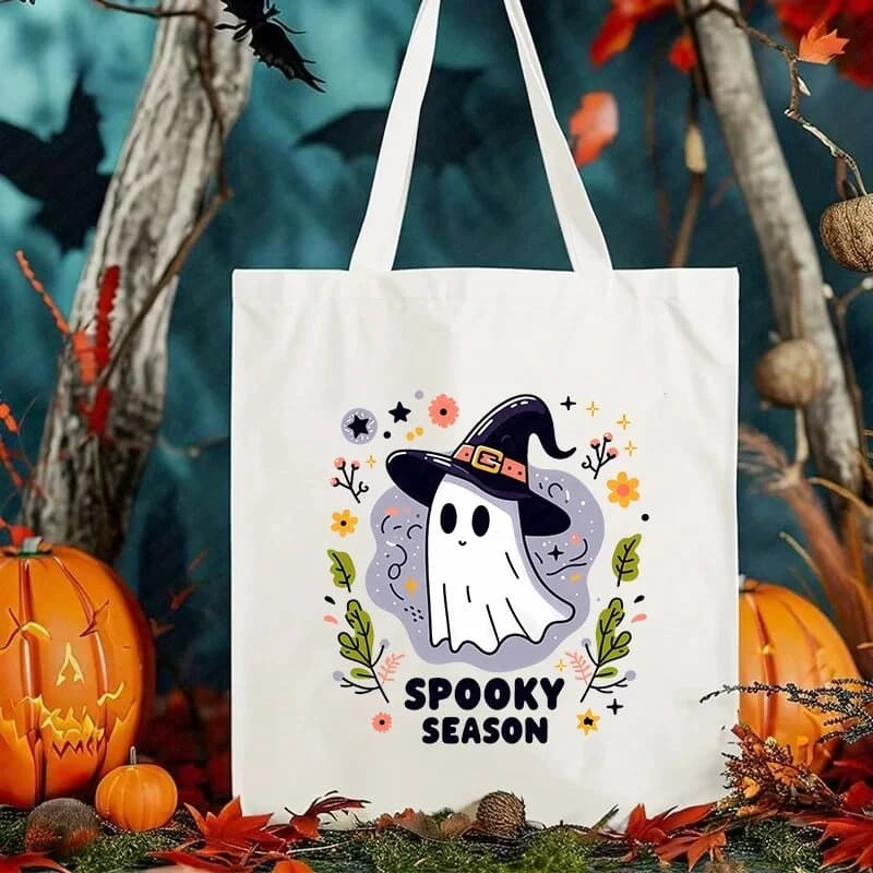 Borsa tote in tela di Halloween, diversi stili con graziosi disegni artistici di fantasmi, zucche e fiori, borsa a tracolla riutilizzabile per shopping e bomboniere