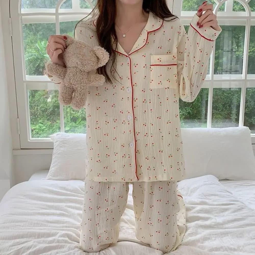 Comfortable Ruffle Cherry Pajamas Women Loose Nightdress Two Piece Nightwear Lapel Sweet Pajamas Suit Home