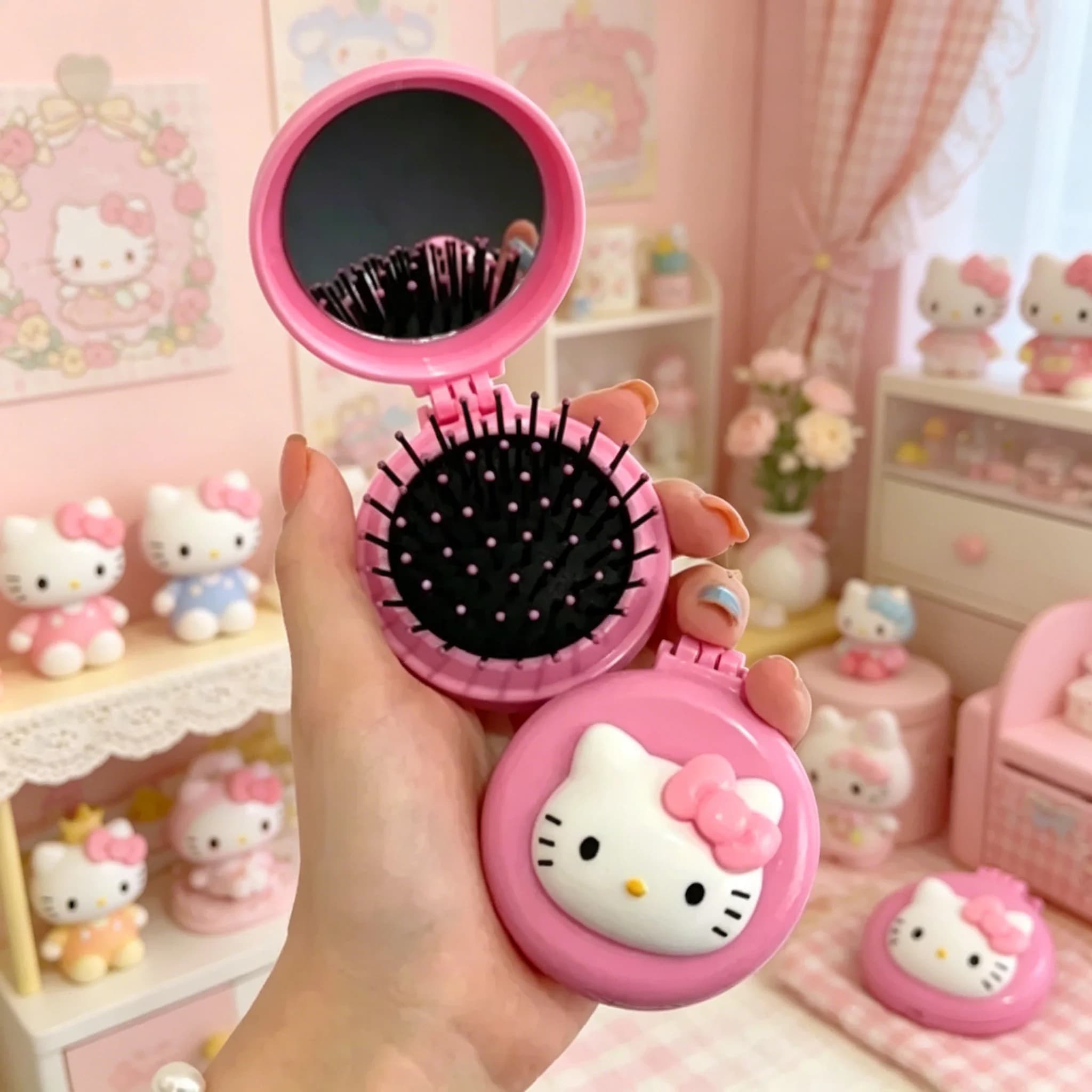 Specchio per il Trucco HelloKitty KT Cat, Pettine Pieghevole con Cuscino d'Aria Kuromi My Melody per Ragazze, Specchio Portatile e Pettine con Cuscino d'Aria, Regalo Adorabile