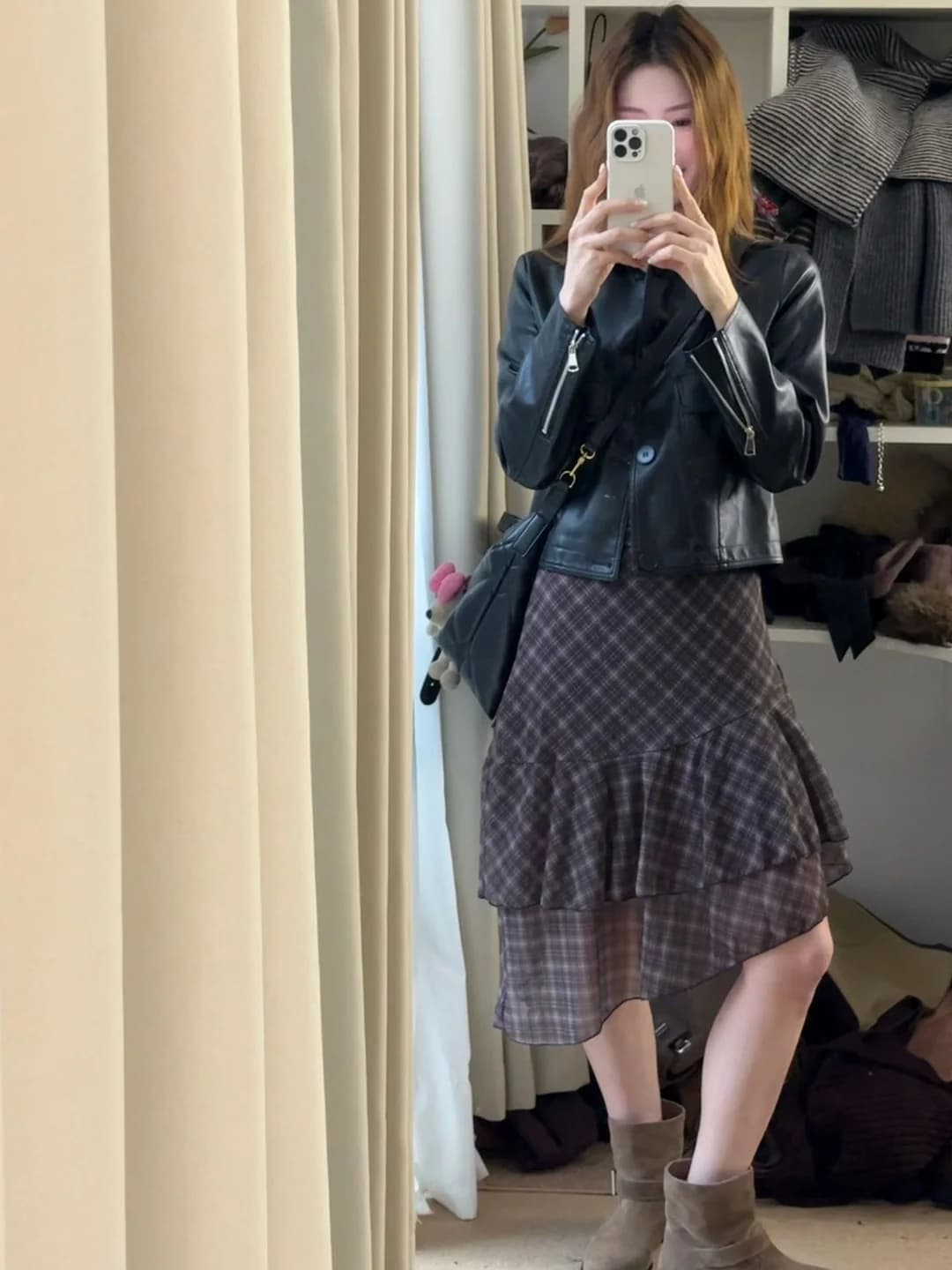 High Waist Plaid Skirt Women's A-Line Half-length Skirt Design Sense Asymmetrical Splicing Casual Belted Versatile Short...