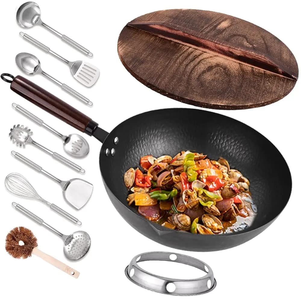 Set di 11 Wok e Padelle in Acciaio al Carbonio da 12,8 Pollici con Coperchio, Wok Cinese Senza Rivestimento Chimico con 10 Accessori per Cucina