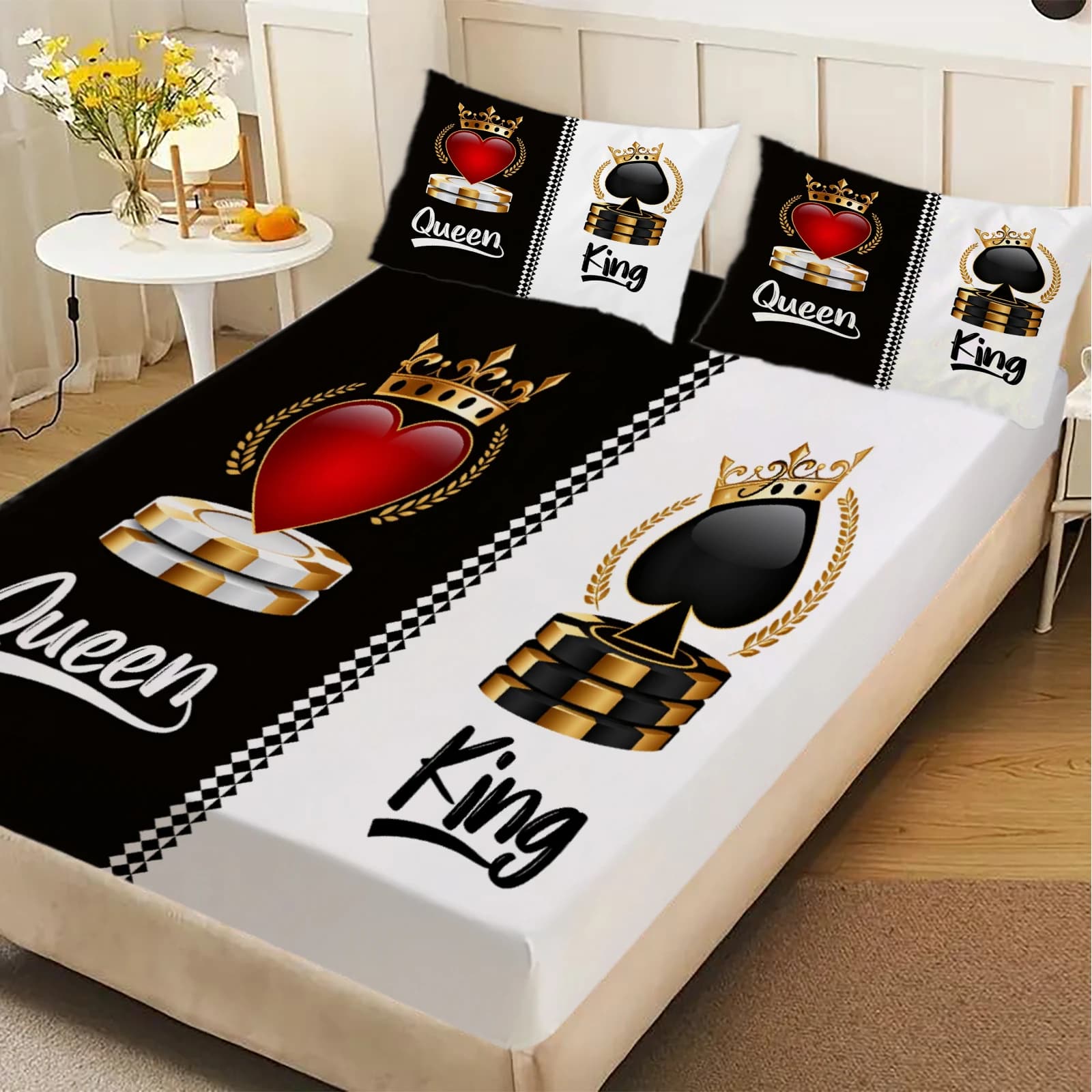 Set di lenzuola con stampa a scacchi Re e Regina, design bianco e nero, con corona e cuore, in morbido poliestere per camera da letto di coppia