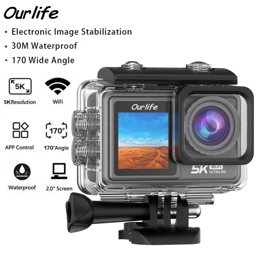 Videocamera Sportiva Ourlife 5K30FPS EIS, Schermo Touch da 2.0 Pollici, Impermeabile fino a 30M, WiFi, Zoom 5X, con Telecomando