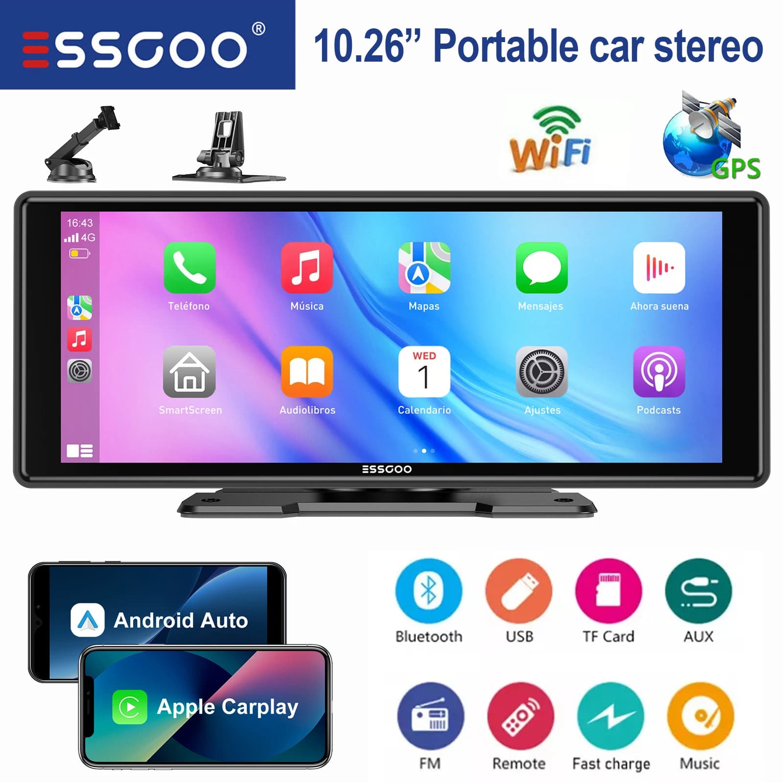 ESSGOO Autoradio universale portatile da 10,26 pollici HD IPS Schermo touch Airplay Navigazione GPS WIFI Apple CarPlay Android Auto Lettore video multimediale Mirror Link Bluetooth Controllo vocale AUX Trasmettitor FM