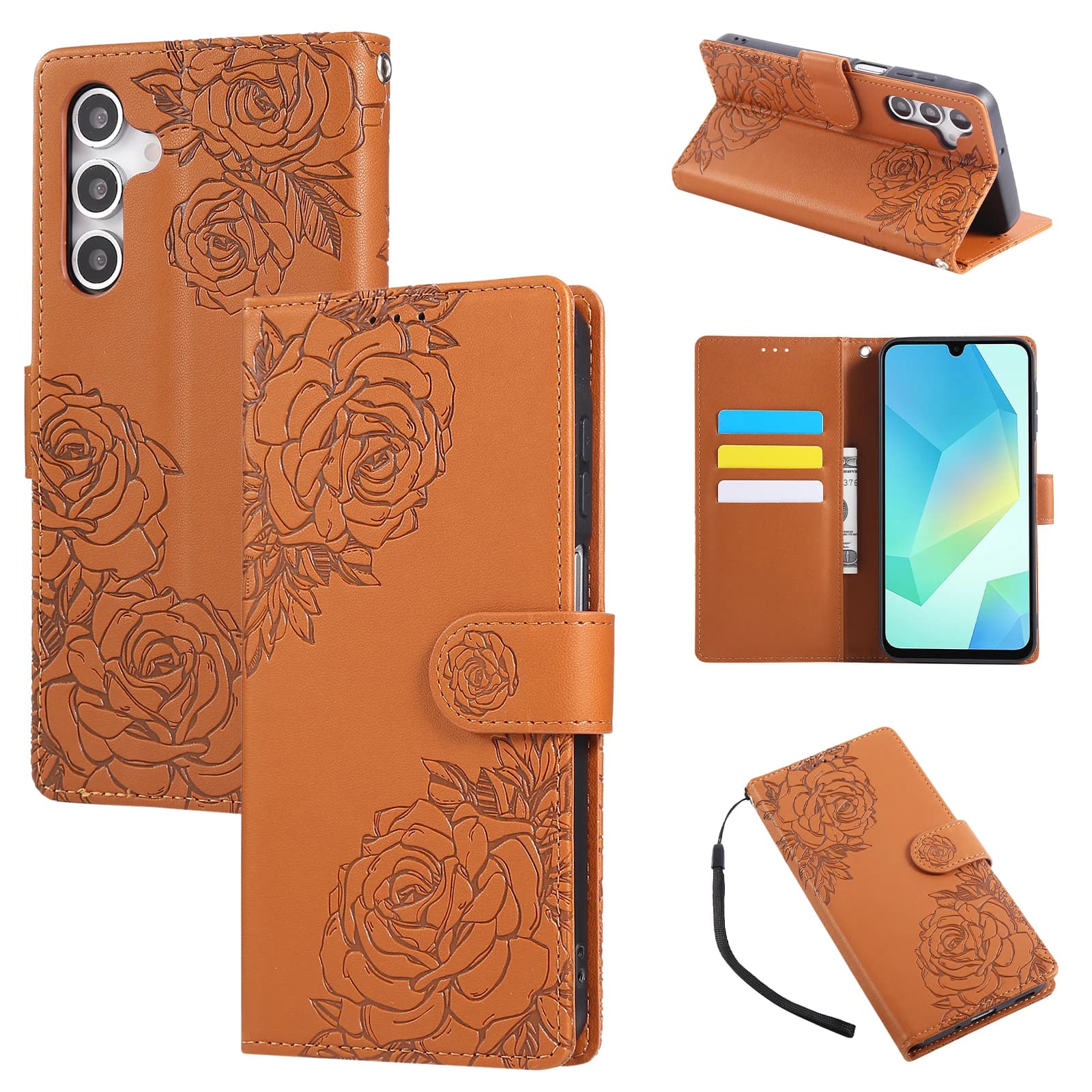 Rose Flower Embossed Cards Solt Wallet Leather Case for Samsung S25 Ultra S24 Plus S23 S22 A16 A26 Cavalry Bag Cover