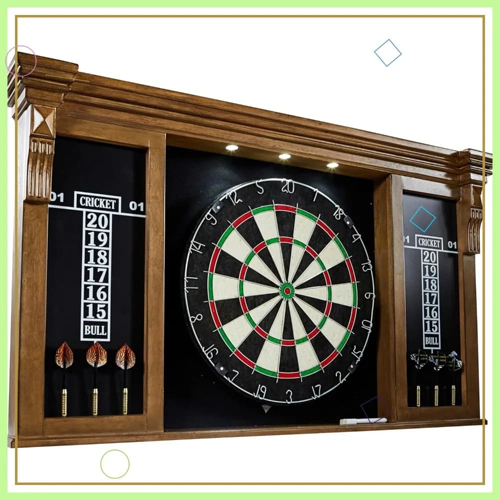 Mobiletto per freccette in legno preassemblato con bersaglio da 18 pollici e freccette con punta in acciaio, luci LED, montaggio a parete