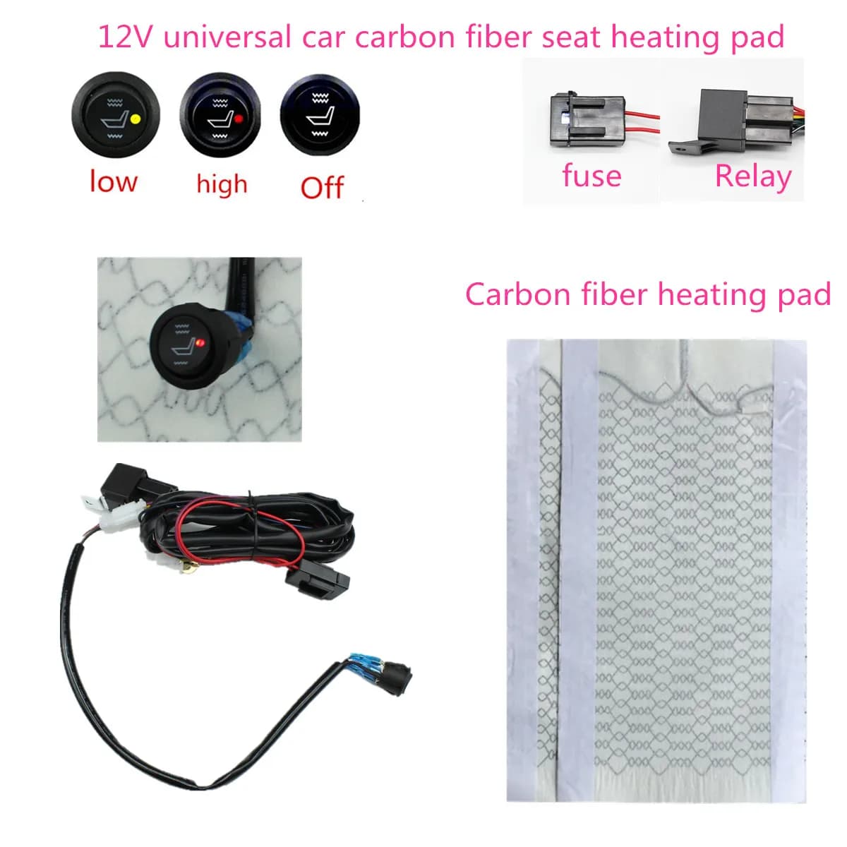 12VCarbon Fiber Universal Heated Heater Pad Heating Seat Pad High/Low Roll Switch Heater Warmer Self Heating Seat Warmer Quickly send