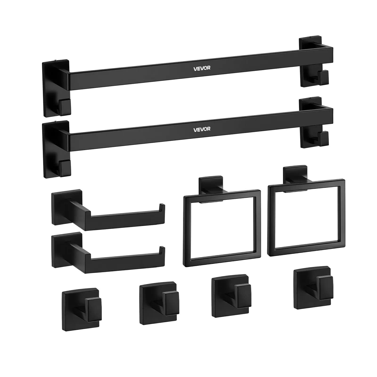 Set di Accessori per Bagno Nero Opaco, Set di 10 Pezzi, 2 Portasciugamani in Acciaio Inox da 24 Pollici, 2 Porta Asciugamani, 4 Porta Accappatoi