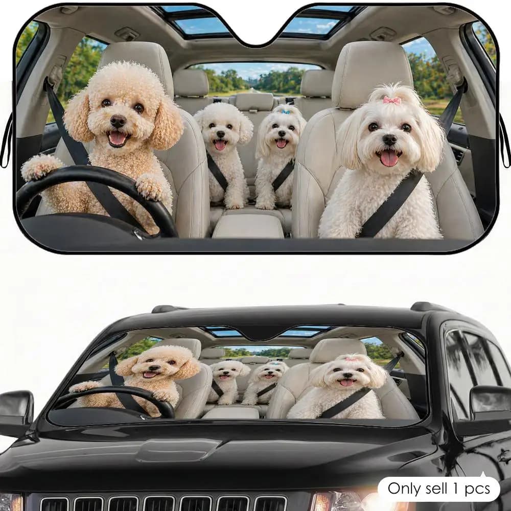 Parasole per Auto Poodle e Maltese, Protezione UV Riflettente Pieghevole per Parabrezza, Copertura Isolante dal Calore